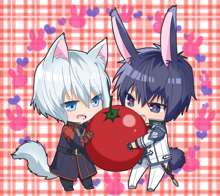 2boys, animal_ears, anos_voldigoad, belt, black_belt, black_eyes, black_hair, blue_eyes
