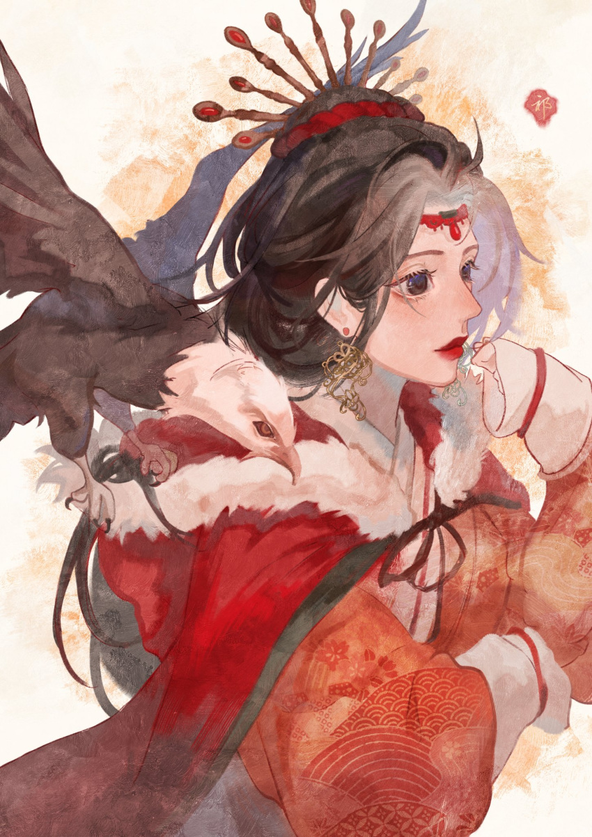 1girl, animal_on_shoulder, bald_eagle, bird, bird_on_shoulder, brown_eyes, brown_hair, chinese_clothes, circlet, closed_mouth, eagle, earrings, expressionless, eyelashes, fur-trimmed_hood, fur_trim, gold_earrings, hair_bun, hair_ornament, hair_scrunchie, hairpin, half_updo, hanfu, highres, hood, hood_down, hooded_robe, jewelry, jiangnan_baijingtu, layered_sleeves, light_blush, lipstick, long_hair, long_sleeves, looking_ahead, makeup, multiple_hairpins, qiyan_anlll, red_lips, red_robe, red_scrunchie, robe, scrunchie, single_hair_bun, sleeves_past_wrists, solo, upper_body, wang_zhaojun_(jiangnan_baijingtu), white_background, white_hanfu