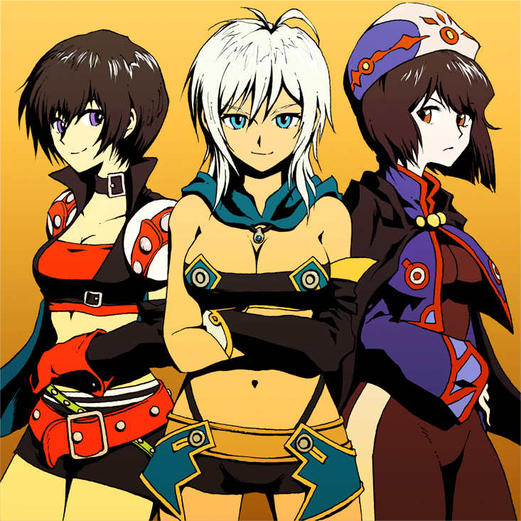 belt, beltskirt, black_hair, blue_eyes, bodysuit, breasts, cape, chloe_valens