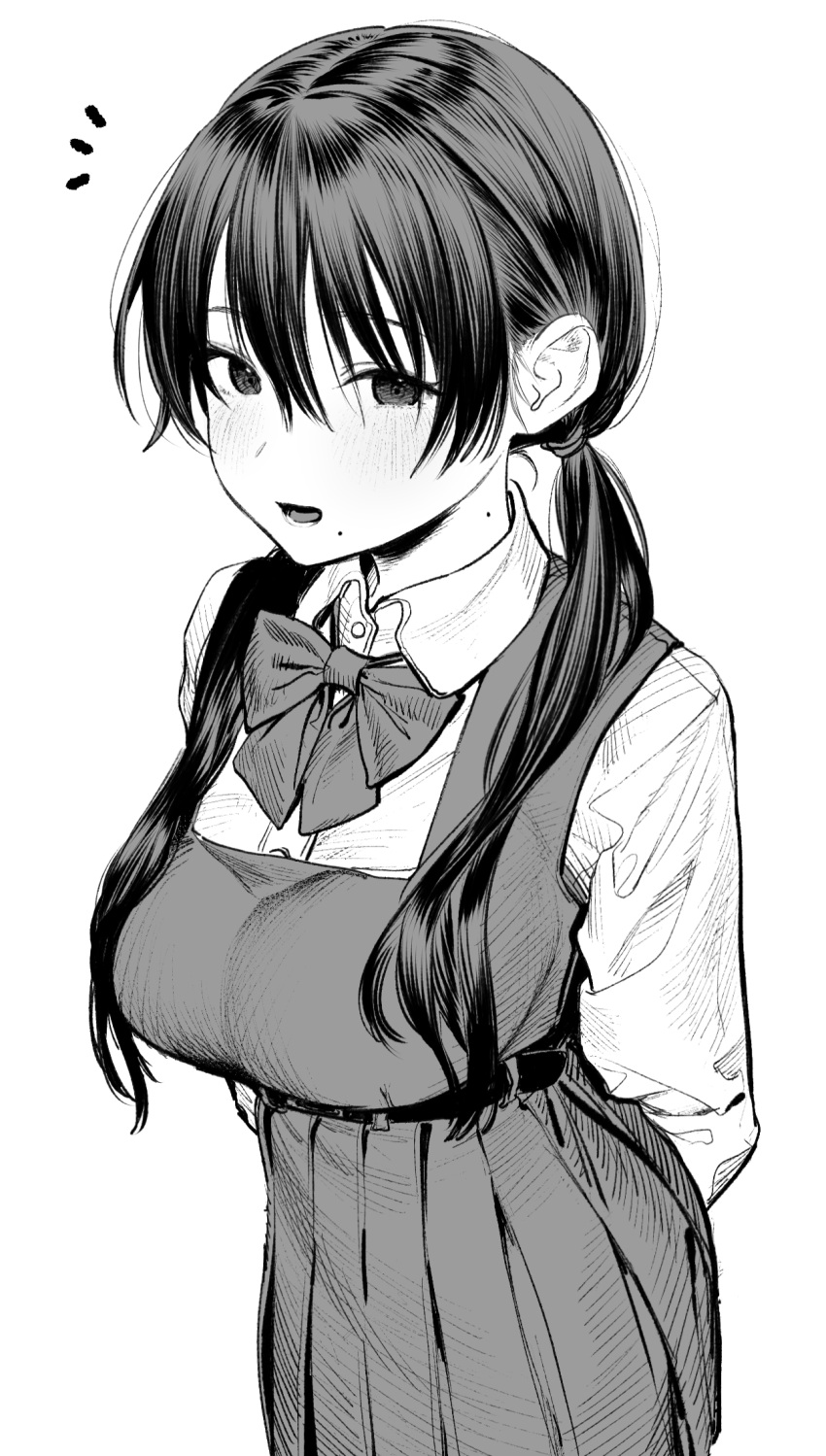 1girl, arms_behind_back, belt, bow, bowtie, breasts, collared_shirt, commentary_request