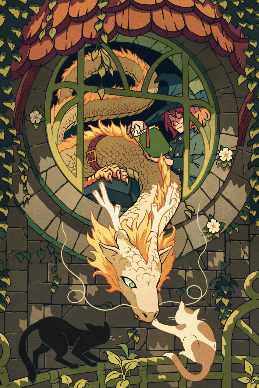 1girl, absurdres, against_window, antlers, aqua_dress, aqua_hat, belt, black_cat