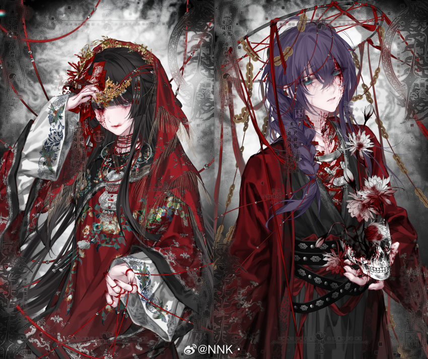 1boy, 1girl, above_cleavage_cutout, absurdres, aoqun, architecture, black_hair, blood