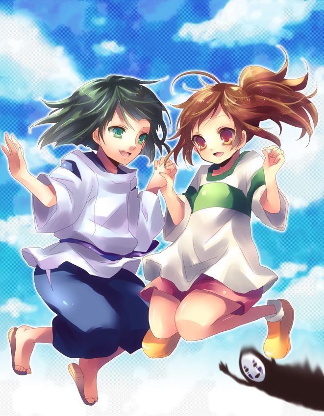 brown_hair, child, ghibli, green_eyes, green_hair, hakama, haku, haku_(spirited_away)