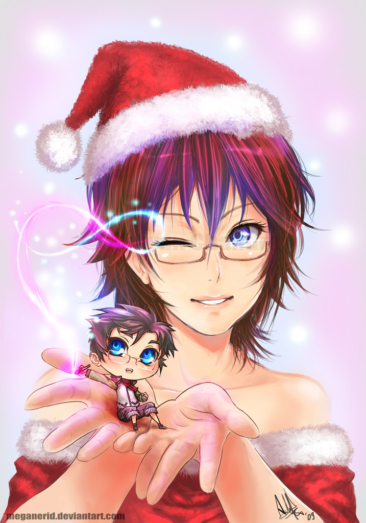 bare_shoulders, blue_eyes, brown_hair, chibi, christmas, glasses, hat, magic