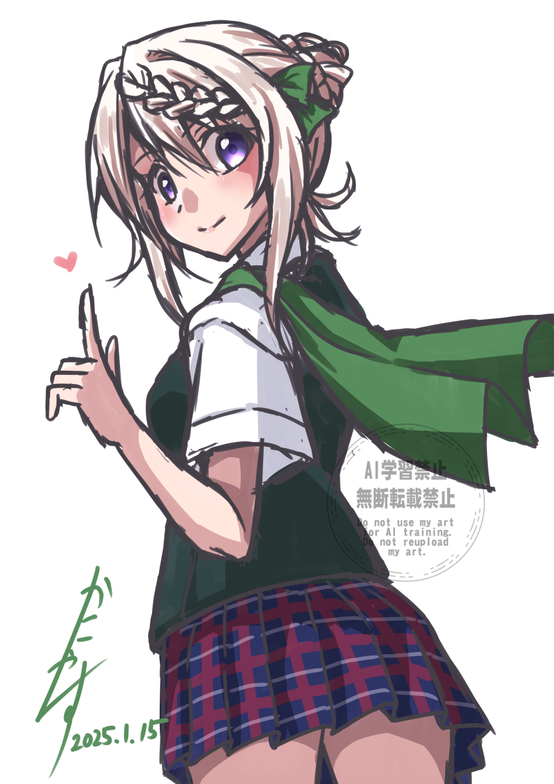 1girl, blonde_hair, blue_skirt, braid, braided_bangs, braided_bun, cape, commentary_request
