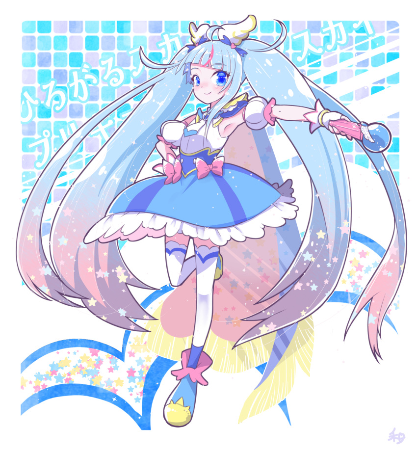 1girl, ankle_boots, blue_cape, blue_dress, blue_eyes, blue_footwear, blue_hair, boots