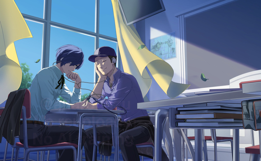 2boys, anarogiizu, baseball_cap, black_hair, black_pants, blue_hair, blue_hat, blue_shirt