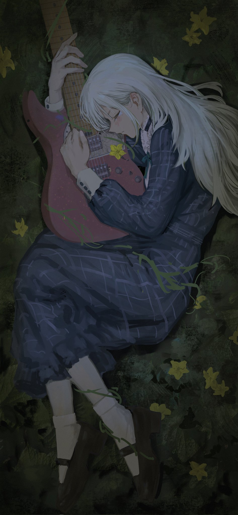 1girl, bang_dream!, bang_dream!_it's_mygo!!!!!, blue_dress, closed_eyes, closed_mouth, crying, cucumber_flower
