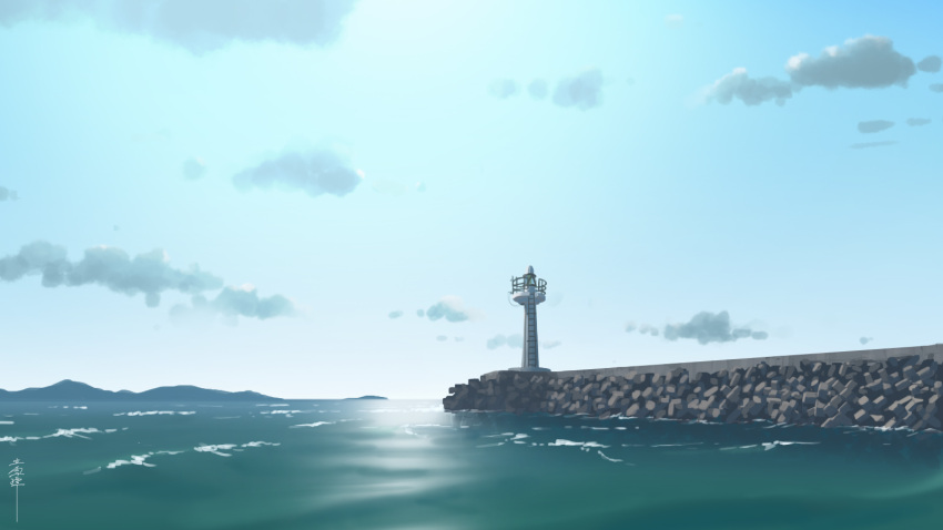 clouds, commentary_request, day, highres, lighthouse, mountainous_horizon, no_humans, ocean