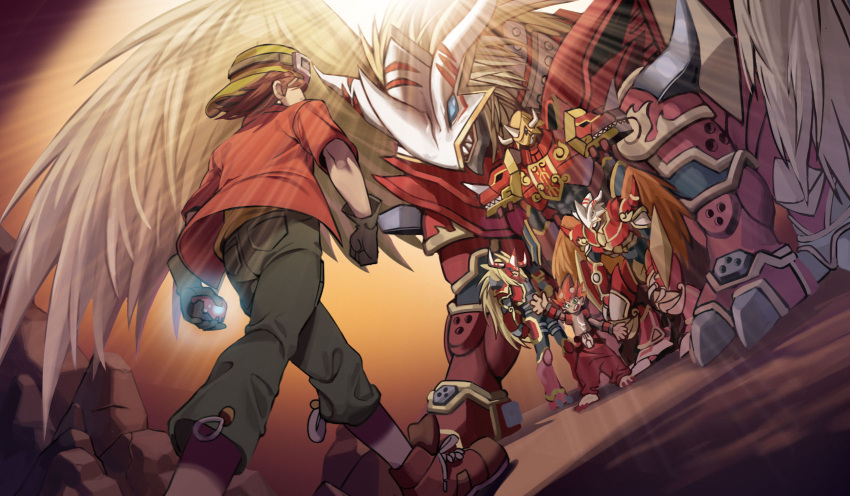 10_09hwan, 5boys, agnimon, ancientgreymon, arm_cannon, armor, blonde_hair, broken_horn