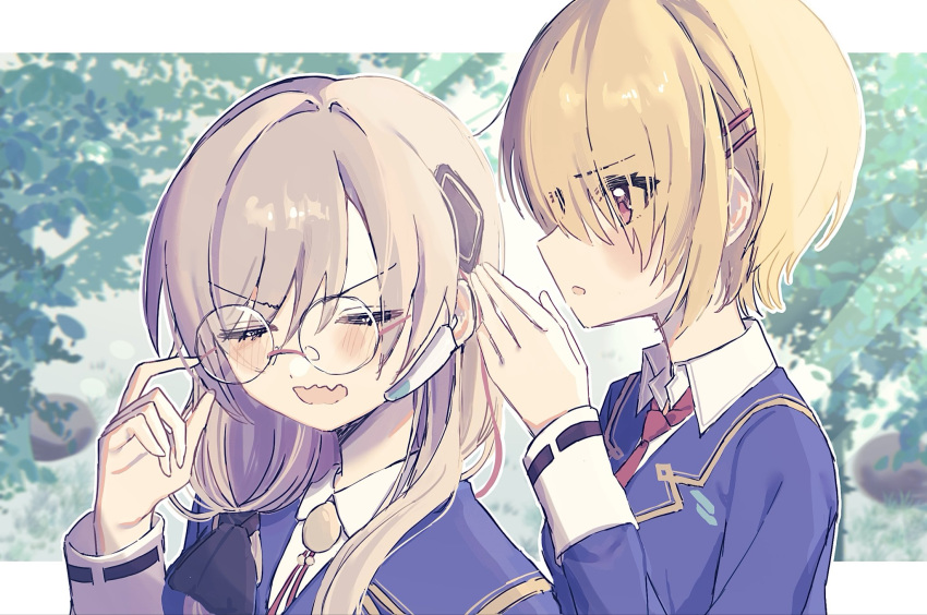 2girls, blonde_hair, blue_jacket, blush, eshiko, glasses, green_eyes, grey_hair, hair_ornament, hair_over_one_eye, hair_over_shoulder, hairclip, heaven_burns_red, highres, izumi_yuki_(heaven_burns_red), jacket, kayamori_ruka, long_hair, long_sleeves, low-tied_long_hair, multiple_girls, necktie, red_eyes, red_necktie, round_eyewear, shirt, short_hair, whispering, white_shirt, yuri