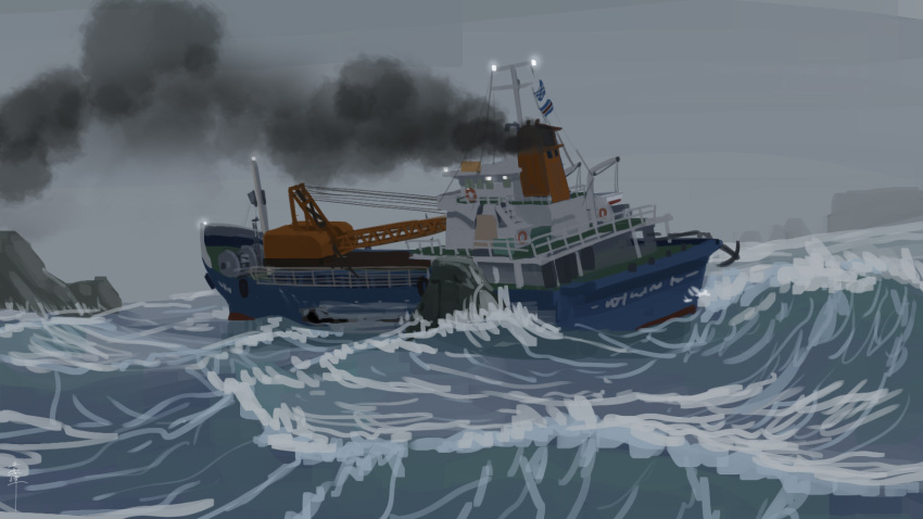 boulder, commentary_request, crane_(machine), highres, no_humans, ocean, one-hour_drawing_challenge, original