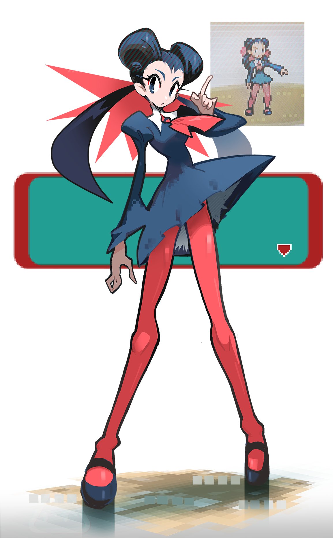 black_footwear, grey_eyes, looking_at_viewer, neckerchief, pantyhose, pink_bow, pink_neckerchief, pink_pantyhose, pokemon, pokemon_rse, puffy_short_sleeves, puffy_sleeves, roxanne_(pokemon), shakeeeeeeeee, standing, twintails