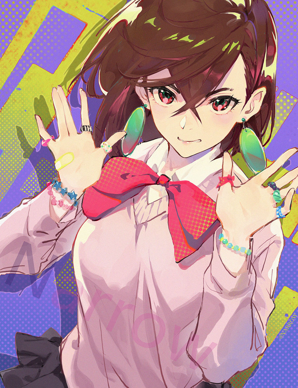 1girl, ayase_momo, black_skirt, bow, bowtie, bracelet, brown_hair, chinese_commentary, collared_shirt, commentary_request, dandadan, dress_shirt, earrings, hair_behind_ear, hair_between_eyes, highres, jewelry, long_sleeves, looking_at_viewer, medium_hair, miniskirt, multiple_rings, narrow28406455, open_hands, parted_lips, pink_sweater, pleated_skirt, red_bow, red_bowtie, red_eyes, ring, school_uniform, shirt, skirt, solo, sweater, upper_body, white_shirt