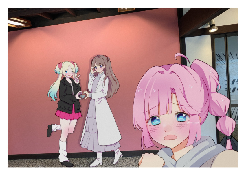 3girls, ;d, ankle_socks, anyoji_hime, anyoji_hime_(osanpo_nikki), black_ribbon, blonde_hair, blue_eyes, blue_hair, blush, boots, brown_hair, clenched_hand, coat, commentary, d:, dress, flower, frilled_dress, frills, fujishima_megumi, fujishima_megumi_(osanpo_nikki), grey_dress, hair_flower, hair_intakes, hair_ornament, hair_ribbon, half-heart_hands, hand_up, hasu_no_sora_jogakuin_school_idol_club_osanpo_nikki, heart, heart_hands, heart_hands_duo, heart_in_heart_hands, high_heel_boots, high_heels, highres, indoors, leg_up, link!_like!_love_live!, long_dress, long_hair, long_sleeves, looking_at_viewer, loose_socks, love_live!, miniskirt, multi-tied_hair, multiple_girls, nitamago_rinko, nose_blush, one_eye_closed, open_clothes, open_coat, open_mouth, osawa_rurino, osawa_rurino_(osanpo_nikki), photo_background, pink_flower, pink_hair, pink_skirt, pleated_skirt, ponytail, ribbon, selfie, sidelocks, skirt, sleeves_past_wrists, smile, socks, standing, standing_on_one_leg, twintails, twitter_username, two_side_up, v, violet_eyes, virtual_youtuber, white_coat, white_footwear, white_socks