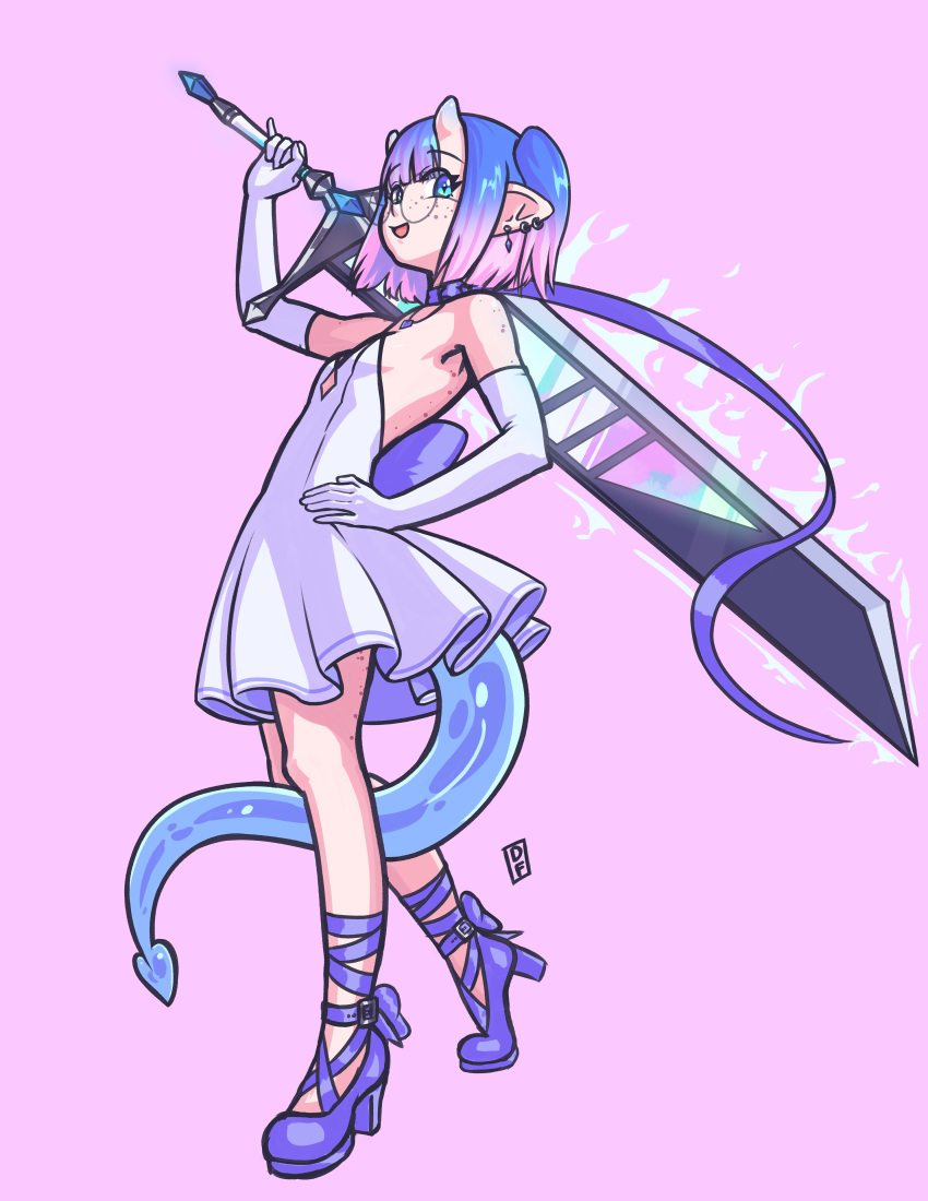 1girl, absurdres, armpits, back_bow, bare_shoulders, between_legs, blue_horns, blue_tail, bow, breasts, dawnfire, demon_girl, earrings, ely_(dawnfire), flat_chest, freckles, from_side, hand_on_own_hip, heart, heart_tail, highres, holding, holding_sword, holding_weapon, horns, huge_weapon, jewelry, looking_at_viewer, mary_janes, multicolored_hair, original, pink_hair, robe, shoes, short_twintails, simple_background, small_breasts, standing, sword, tail, tail_between_legs, tutu, twintails, weapon, white_robe