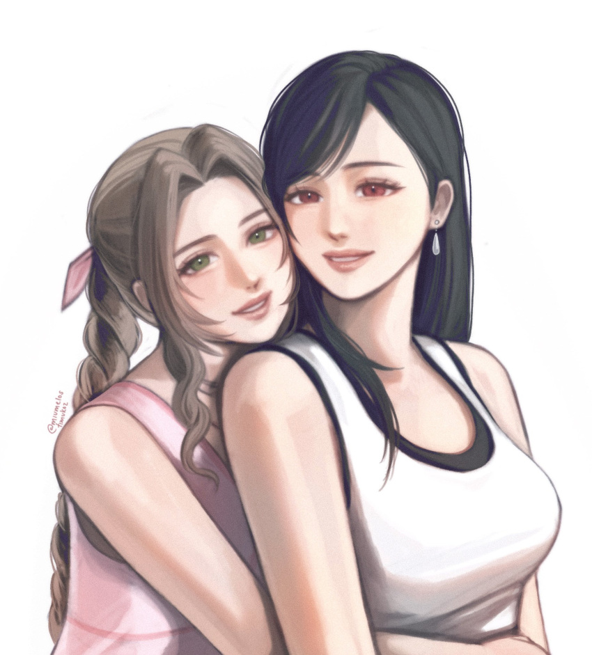 2girls, aerith_gainsborough, bare_arms, bare_shoulders, black_hair, black_sports_bra, braid, braided_ponytail, breasts, brown_hair, crop_top, dress, drill_hair, drill_sidelocks, earrings, english_commentary, final_fantasy, final_fantasy_vii, final_fantasy_vii_rebirth, final_fantasy_vii_remake, green_eyes, hair_ribbon, hanaflans, head_on_another's_shoulder, highres, hug, hug_from_behind, jewelry, lips, long_hair, medium_breasts, multiple_girls, parted_bangs, parted_lips, pink_dress, pink_lips, pink_ribbon, red_eyes, ribbon, sidelocks, single_earring, single_sidelock, sleeveless, sleeveless_dress, smile, sports_bra, swept_bangs, tank_top, tifa_lockhart, twitter_username, upper_body, white_background, white_tank_top