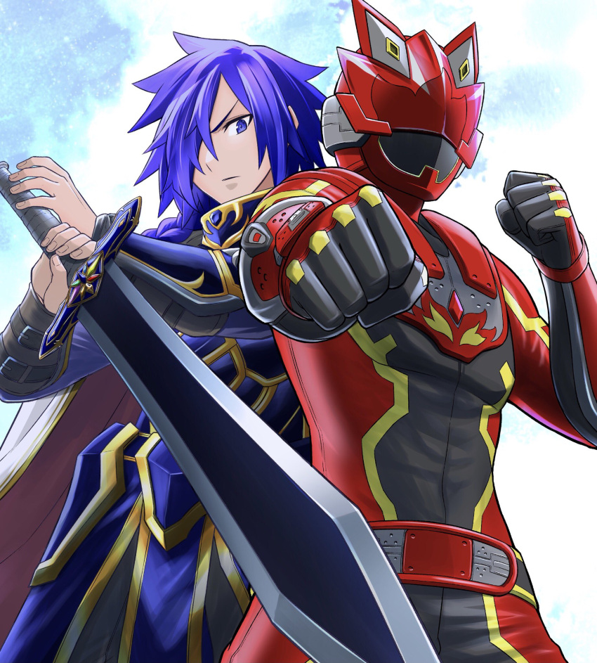 2boys, armor, asagaki_toogo, blue_armor, blue_hair, bodysuit, clenched_hands, cowboy_shot