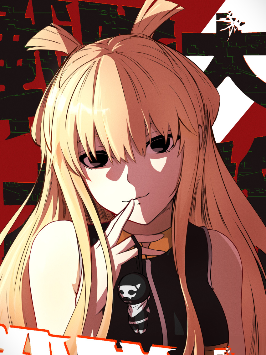 1girl, absurdres, bare_shoulders, black_eyes, blonde_hair, character_charm, charm_(object), closed_mouth