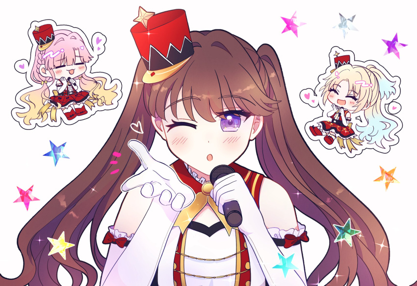 3girls, :3, :d, ;o, ^_^, anyoji_hime, bare_shoulders, blonde_hair, blowing_kiss, blue_eyes, blue_hair, blush, boots, braid, brown_hair, chibi, chibi_inset, closed_eyes, commentary_request, dress, elbow_gloves, frilled_gloves, frills, fujishima_megumi, gloves, gradient_hair, hair_intakes, hat, heart, highres, holding, holding_microphone, key_of_like!, link!_like!_love_live!, long_hair, long_sidelocks, looking_at_viewer, love_live!, low_twintails, microphone, mini_hat, mini_shako_cap, mira-cra_park!, multicolored_hair, multiple_girls, official_alternate_costume, one_eye_closed, open_clothes, open_hand, open_mouth, open_vest, osawa_rurino, outline, parted_bangs, pink_hair, ponytail, red_dress, red_footwear, red_hat, red_vest, shako_cap, side_braid, sidelocks, sleeveless, sleeveless_dress, smile, sparkle, star_(symbol), star_symbol_background, tilted_hat, twintails, upper_body, very_long_hair, vest, violet_eyes, virtual_youtuber, watage_modoki, white_background, white_gloves, white_outline