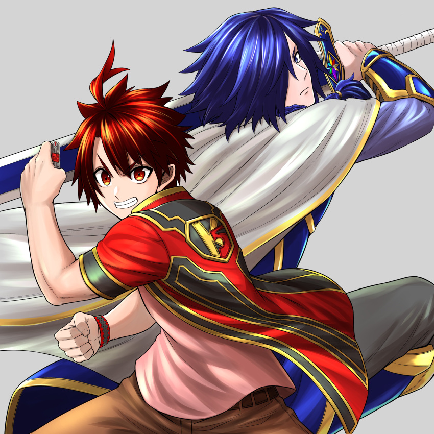 2boys, absurdres, ahoge, asagaki_toogo, blue_eyes, blue_hair, braid, brown_eyes