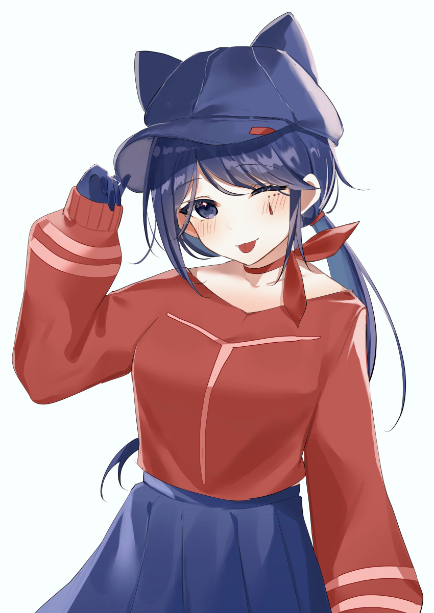 1girl, absurdres, animal_ear_headwear, blue_eyes, blue_hair, blue_hat, blue_skirt, blush, breasts, cool_mita_(miside), facial_tattoo, hat, highres, long_hair, long_sleeves, looking_at_viewer, medium_breasts, miside, mita_(miside), one_eye_closed, pleated_skirt, simple_background, skirt, solo, tattoo, teardrop_facial_mark, tongue, tongue_out, very_long_hair, white_background, yumelixt