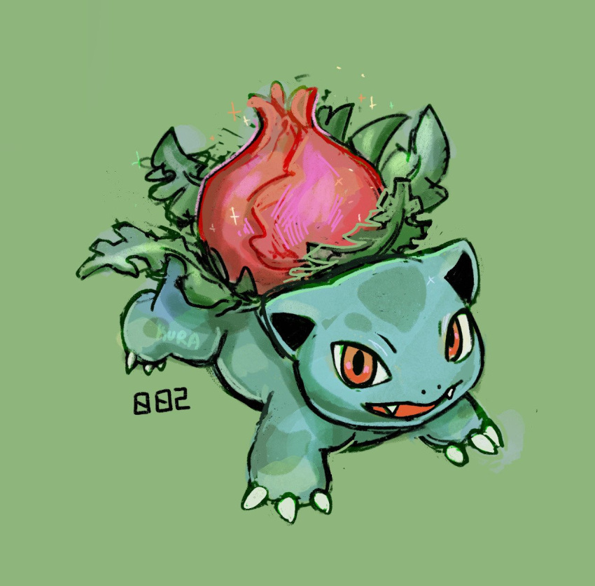 animal_focus, claws, commentary, english_commentary, fangs, full_body, green_background, highres