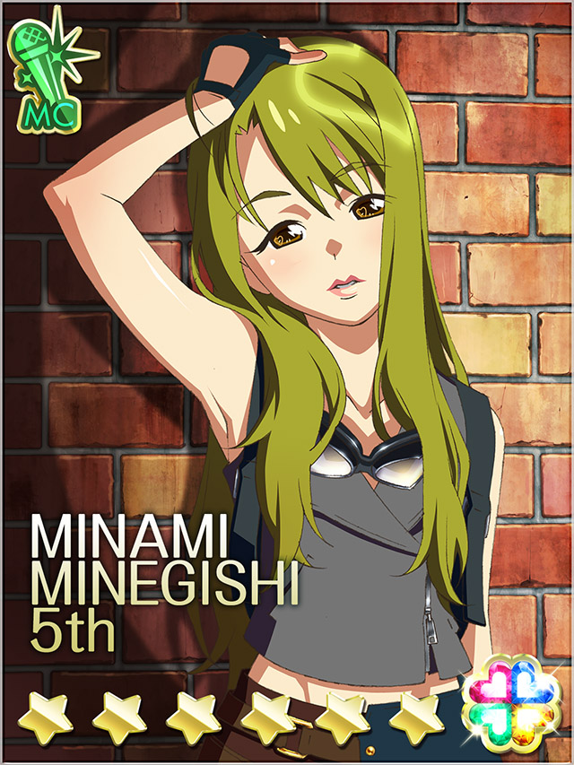 1girl, akb0048, arm_at_side, black_gloves, brick_wall, brown_shorts, card_(medium), character_name