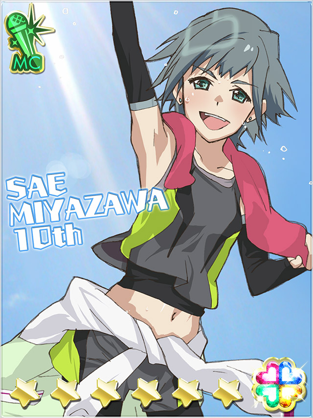 1girl, :d, akb0048, arm_up, blue_sky, card_(medium), character_name, clothes_around_waist