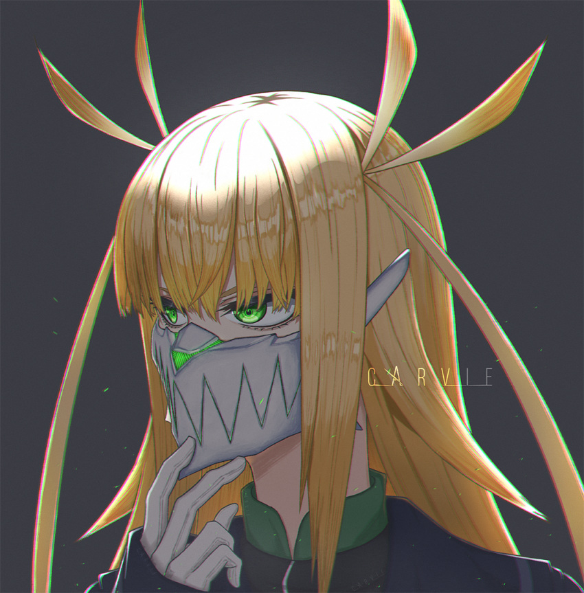 1girl, artist_name, blonde_hair, collar, facing_away, facing_to_the_side, gloves, green_collar