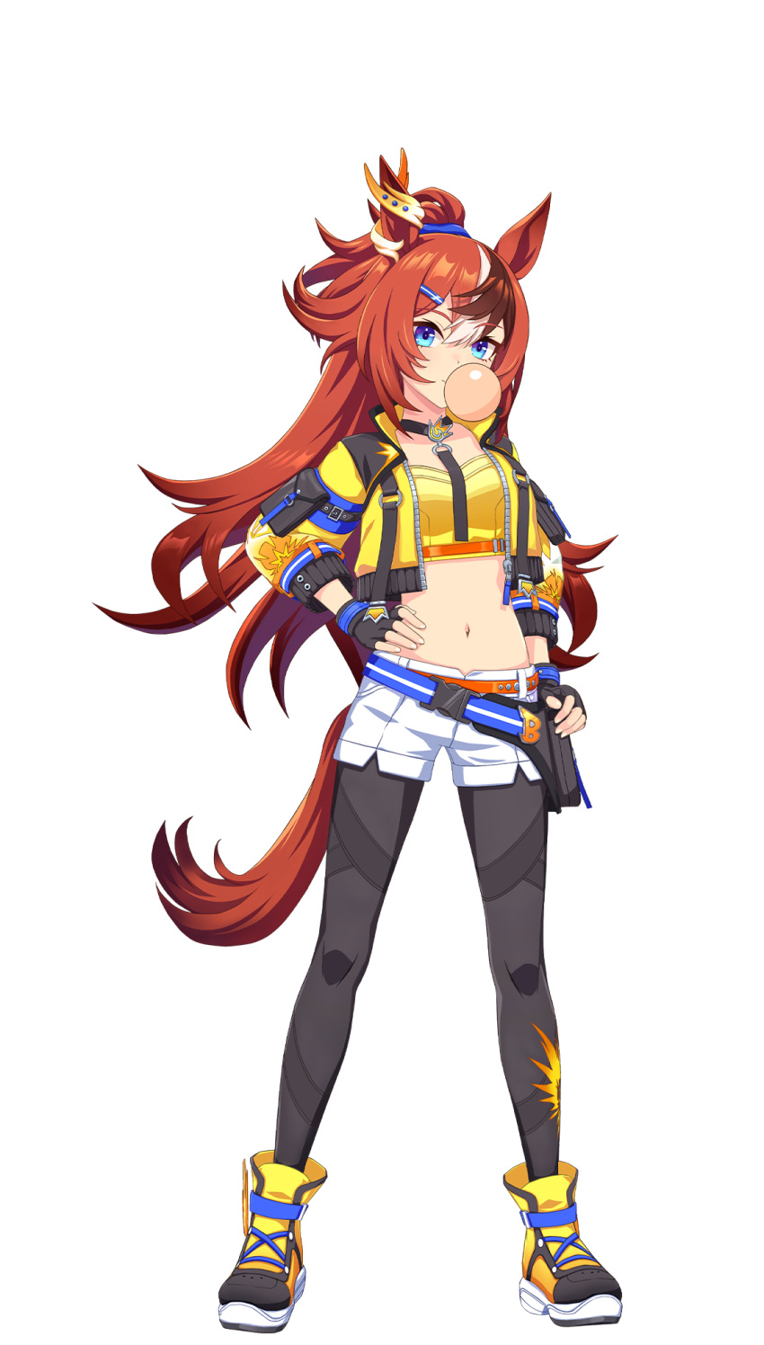 1girl, abs, animal_ears, arm_belt, bandeau, belt, black_footwear, black_gloves