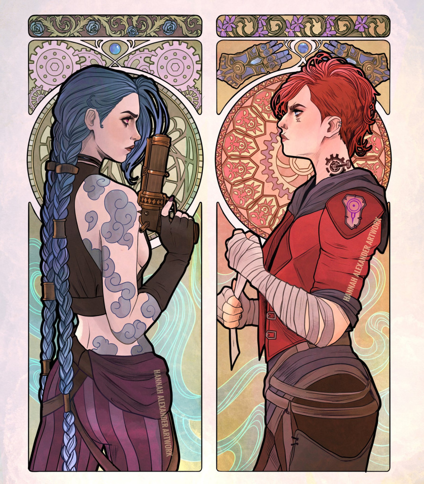 2girls, arcane:_league_of_legends, arcane_jinx, arcane_vi, arm_tattoo, arm_wrap, artist_name, black_gloves