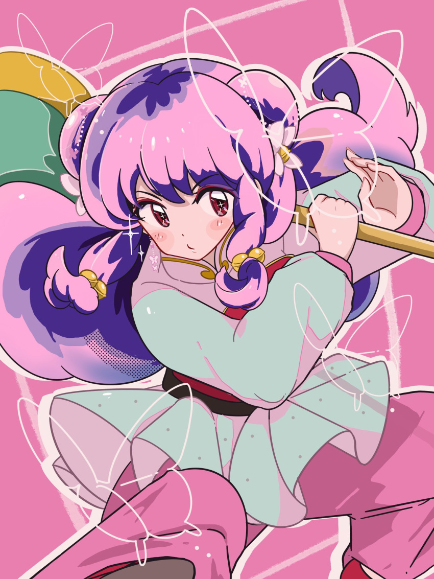 1girl, bell, bug, butterfly, chinese_clothes, chui_(weapon), flower, hair_bell