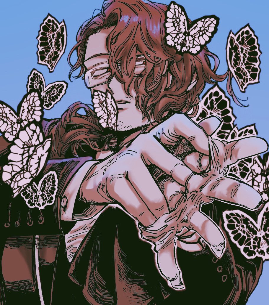 1boy, adjusting_clothes, adjusting_gloves, ascot, black_ascot, black_coat, blue_background, brown_eyes, brown_hair, bug, butterfly, coat, e.g.o_(project_moon), glasses, gloves, gregor_(project_moon), hands_up, hino_888, limbus_company, looking_at_viewer, low_ponytail, parted_lips, project_moon, shirt, simple_background, solemn_lament_(e.g.o), solo, white_butterfly, white_gloves, white_shirt