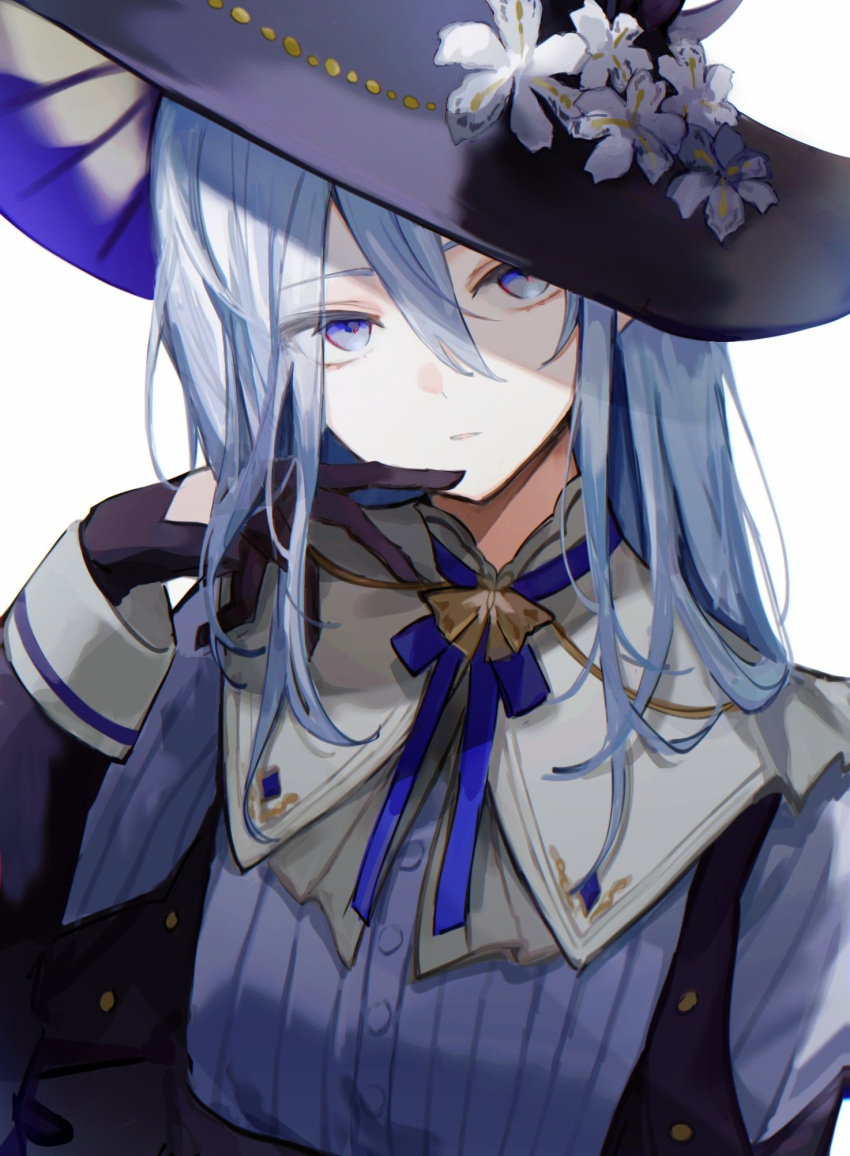 1girl, black_gloves, black_hat, blue_eyes, blue_hair, flower, gloves, grey_hair