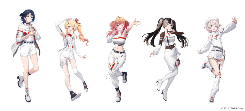 5girls, absurdres, ahoge, arm_strap, asymmetrical_legwear, belt, beret, bilingual_commentary