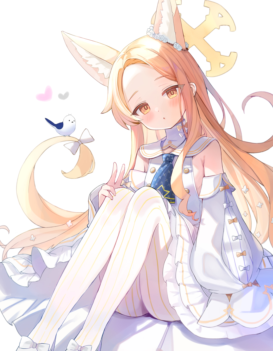 animal_ear_fluff, animal_ears, armpits, blonde_hair, blue_archive, blush, bow, dress