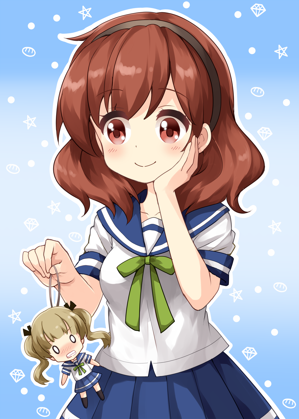 0_0, 2girls, black_hairband, black_ribbon, black_socks, blue_sailor_collar, blue_skirt, blush