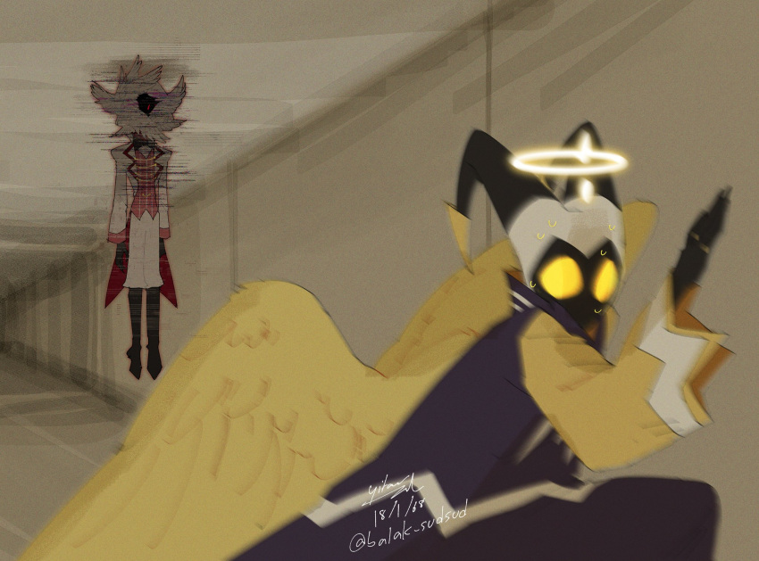 2boys, adam_(hazbin_hotel), angel, angel_wings, biblically_accurate_angel, demon_boy, fleeing, floating_boy_chasing_running_boy_(meme), halo, hazbin_hotel, highres, horror_(theme), lucifer_morningstar_(hazbin_hotel), meme, multiple_boys, multiple_wings, wings, yitaraziel