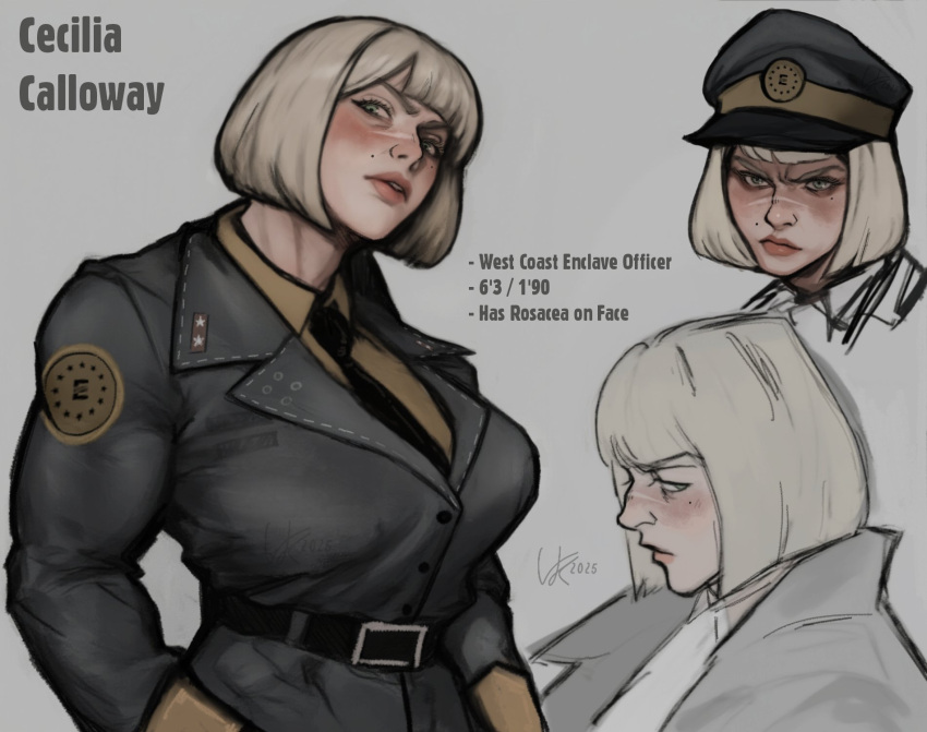 1girl, black_coat, blonde_hair, blush, bob_cut, coat, enclave_(fallout), fallout_(series)