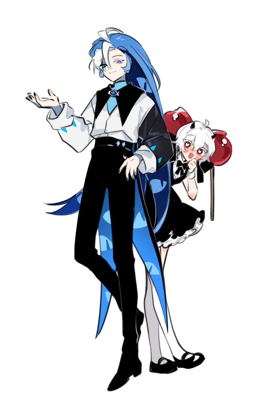 1boy, 1girl, black_bow, black_bowtie, black_dress, black_footwear, black_pants, blue_hair