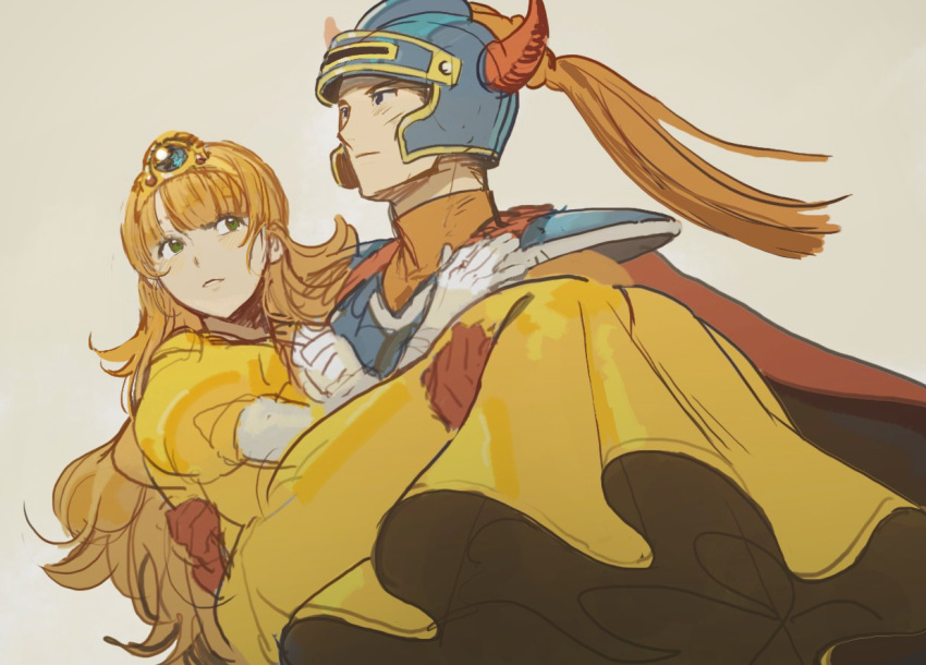 1boy, 1girl, armor, black_eyes, blue_armor, blue_gemstone, blue_helmet, blunt_bangs, bodysuit, cape, carrying, carrying_person, commentary_request, couple, dragon_quest, dragon_quest_i, dress, fake_horns, floating_cape, gem, gloves, green_eyes, helmet, hero_(dq1), hetero, horned_helmet, horns, long_hair, looking_ahead, looking_at_another, looking_to_the_side, orange_bodysuit, orange_hair, princess, princess_carry, princess_laura, red_cape, red_gloves, red_horns, simu_rr, sketch, tiara, white_background, white_gloves, yellow_dress