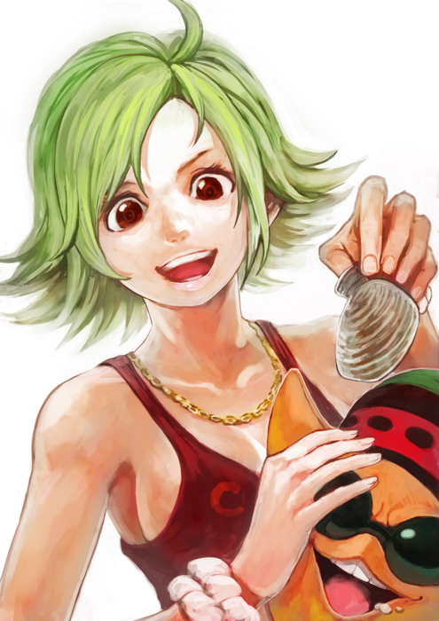 breasts, brown_eyes, camie, clam, cleavage, female, green_hair, jewelry