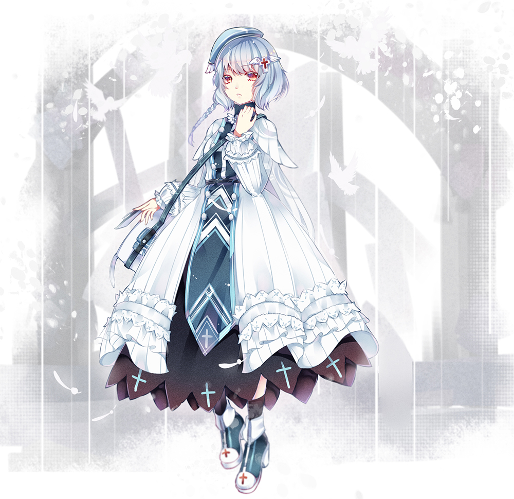 1girl, ankle_socks, bag, beret, bird, black_dress, black_socks, blue_footwear
