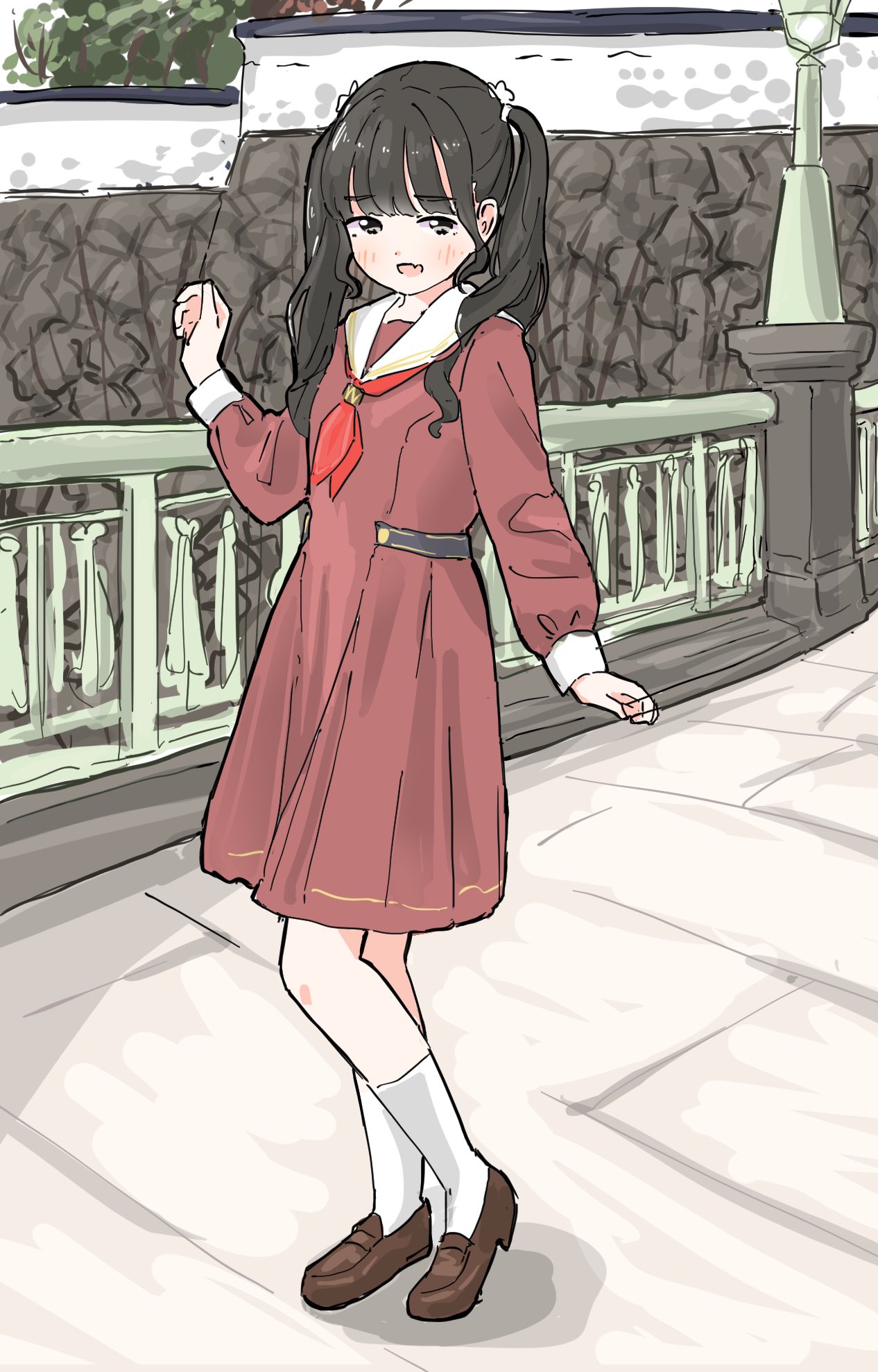 1girl, :d, animification, ankle_socks, black_hair, brown_dress, brown_footwear, commentary_request, dress, embarrassed, fang, flower, foot_up, full_body, hair_flower, hair_ornament, hasu_no_sora_school_uniform, highres, kan_kanna, kanazawa_(city), link!_like!_love_live!, loafers, long_sleeves, love_live!, medium_dress, neckerchief, open_mouth, outdoors, pleated_dress, real_life, real_world_location, red_neckerchief, sailor_collar, sailor_dress, school_uniform, seeno_de!_hasu_no_sora!, shirt, shoes, skin_fang, smile, socks, solo, tazaki_masanobu, twintails, voice_actor, white_flower, white_sailor_collar, white_shirt, winter_uniform