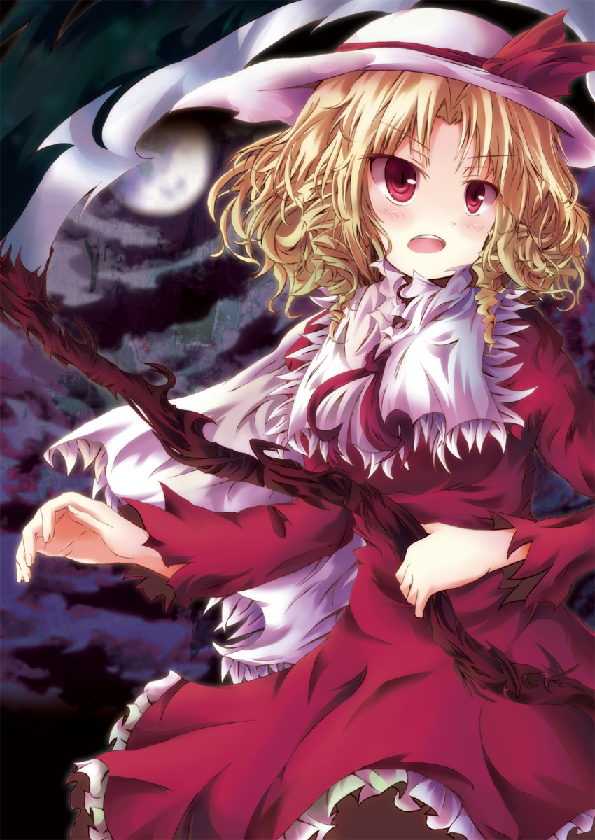 blonde_hair, blush, dress, elly, full_moon, hat, hat_ribbon, highres