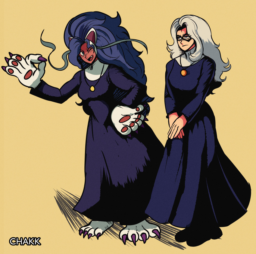 2girls, absurdres, animal_hands, black_cat_(marvel), boots, cat_feet, cat_girl, cat_paws, chakkrx, crossover, darkstalkers, eye_mask, fang, felicia_(darkstalkers), hand_on_own_hip, highres, indigo_hair, long_hair, marvel, multiple_girls, nun, ok_sign, one_eye_closed, simple_background, spider-man_(series), very_long_hair, white_hair, yellow_background