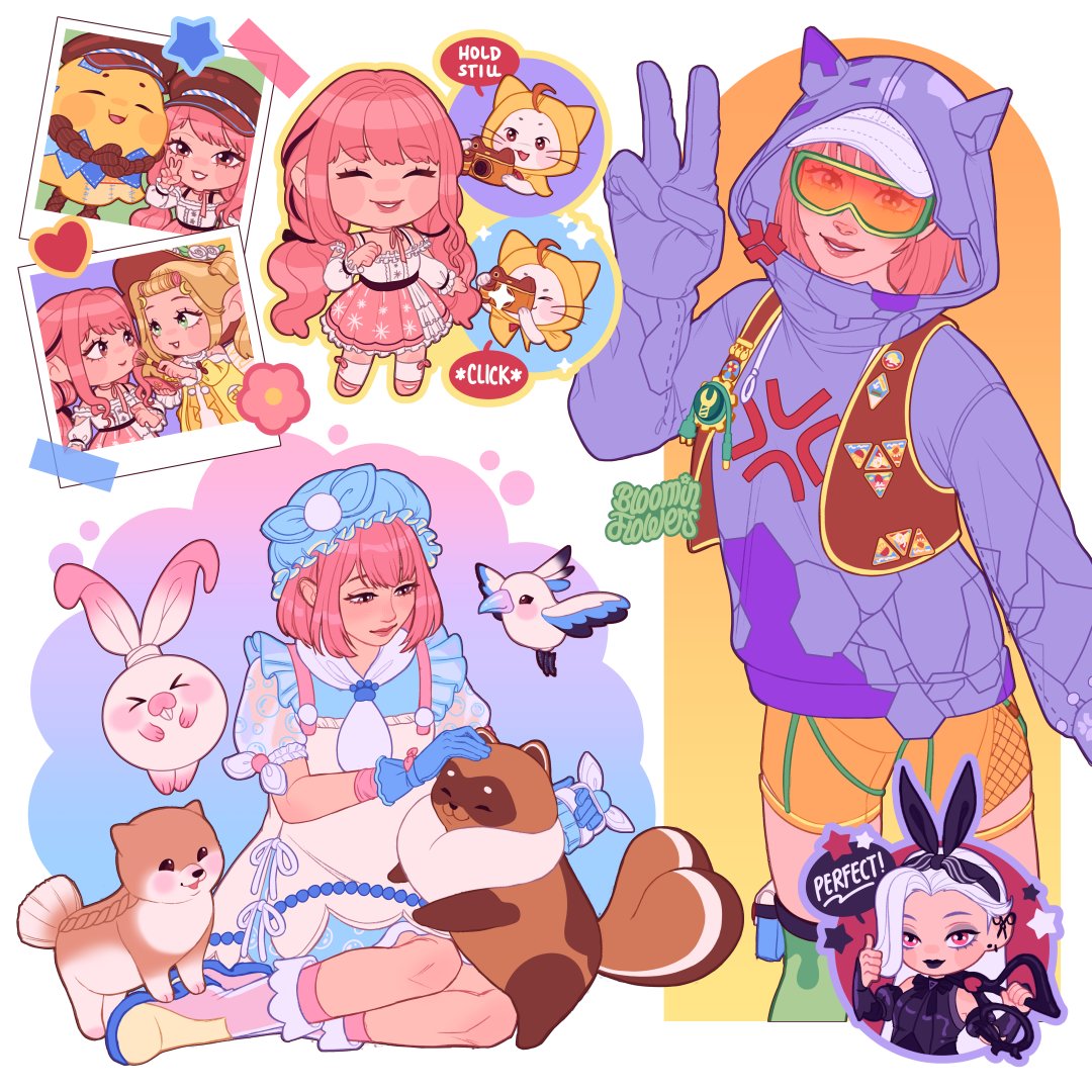 >_<, 3girls, ^_^, aderinna_(infinity_nikki), ahoge, anger_vein, animal, applying_makeup_on_another