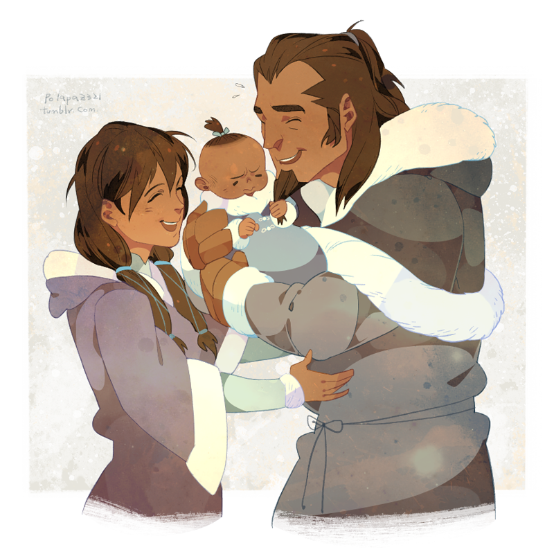 1boy, 2girls, avatar_legends, baby, brown_hair, cloak, closed_eyes, dark-skinned_female, dark-skinned_male, dark_skin, facial_hair, fur-trimmed_cloak, fur-trimmed_hood, fur-trimmed_sleeves, fur_trim, goatee, holding_baby, hood, husband_and_wife, isist, korra, long_hair, medium_hair, multiple_girls, ponytail, senna_(legend_of_korra), signature, the_legend_of_korra, tonraq, topknot, twintails, winter_clothes