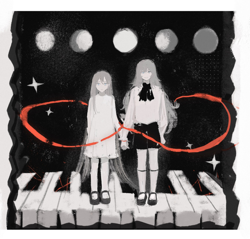 1boy, 1girl, angelica_(project_moon), argalia_(project_moon), aritinasy, brother_and_sister, closed_mouth, dress, full_body, highres, holding_hands, infinity_symbol, library_of_ruina, long_hair, long_sleeves, looking_at_viewer, neckerchief, piano_keys, project_moon, shoes, shorts, siblings, socks, very_long_hair
